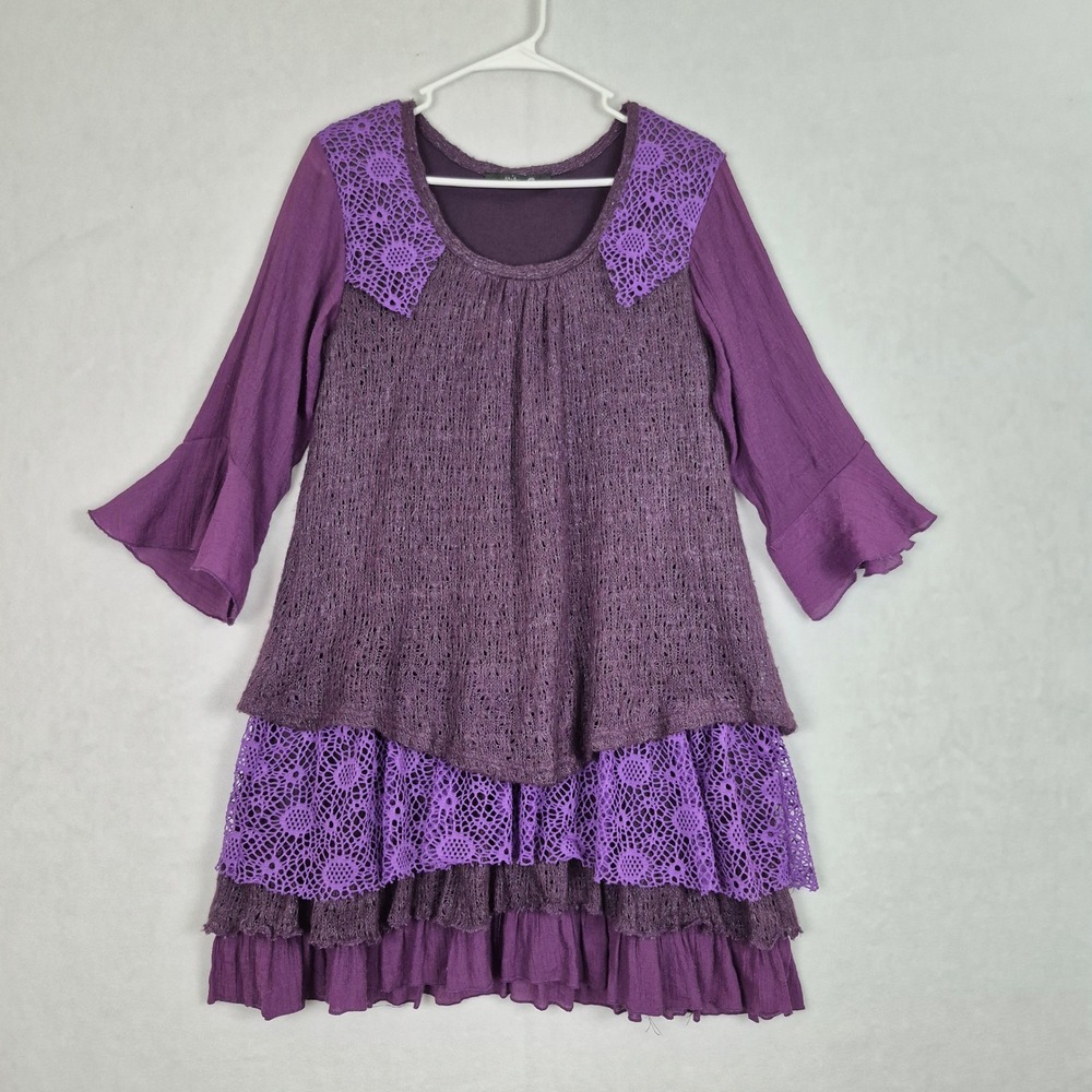 Aria Purple Layered Small Tunic Dress Crochet Lace Bell Sleeve Boho Fairy Whimsy